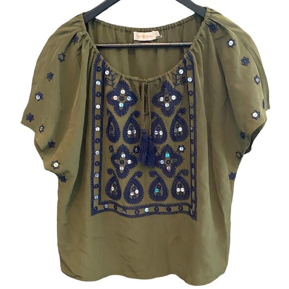 TORY BURCH Silk Top with Sequins and Embroidery Size 2 - Picture 1 of 6